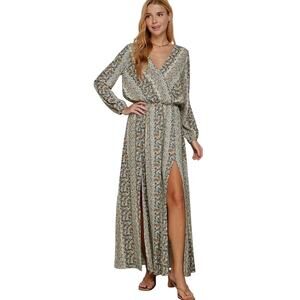 Sweet Lemon Long Sleeve Floral Flutter V Feminine Boho Maxi Dress Size Medium